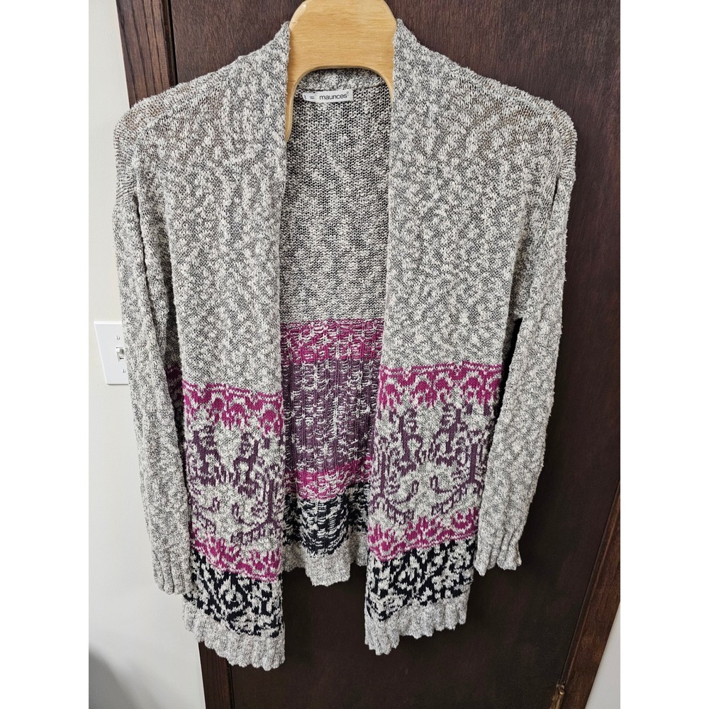Maurices Womens Grey Purple Fair Isle Open Front Knit Cardigan Sweater Size 3